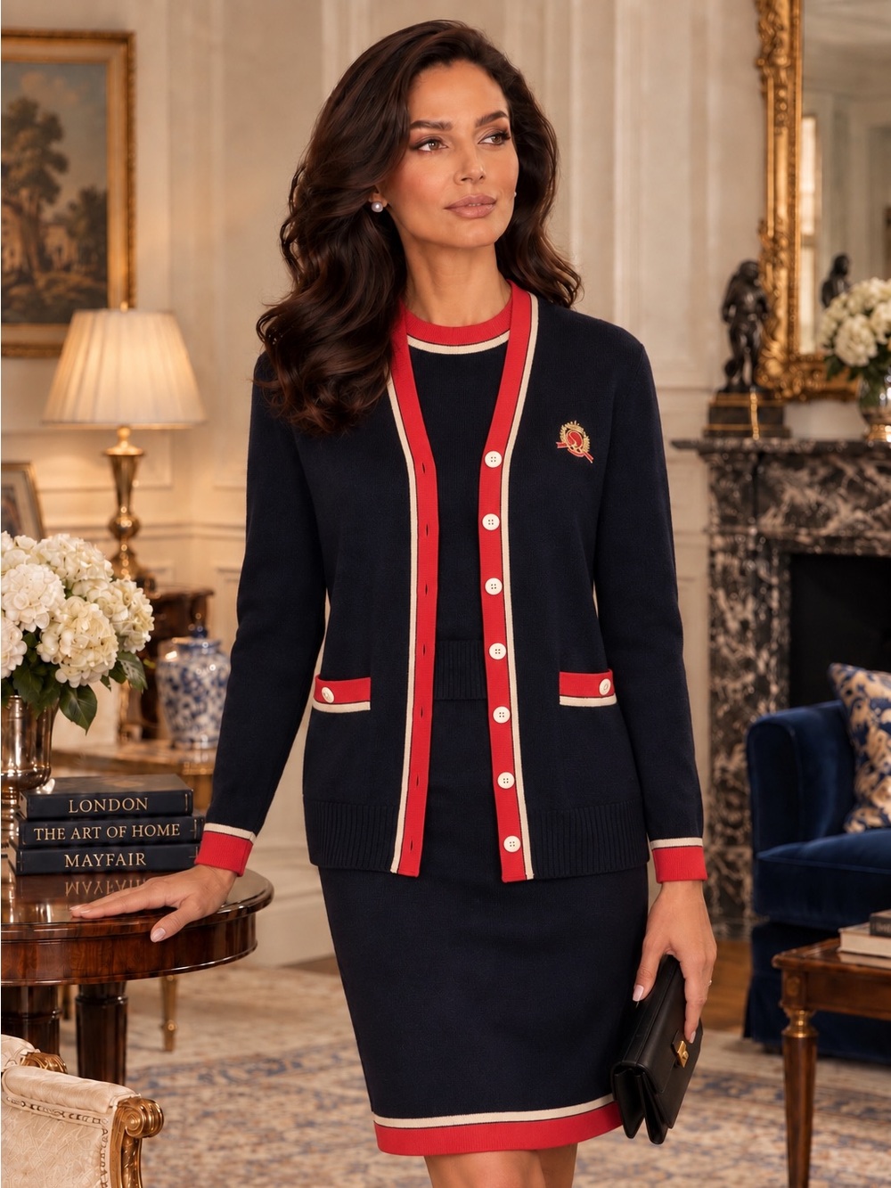 St. John Collection Three-Piece Navy Blue w/ Red & Gold Trim Suit Set - Sz P & M